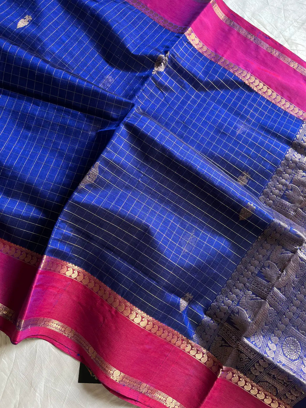 Pure Handloom Kanchi Silkcotton – Blue Checks