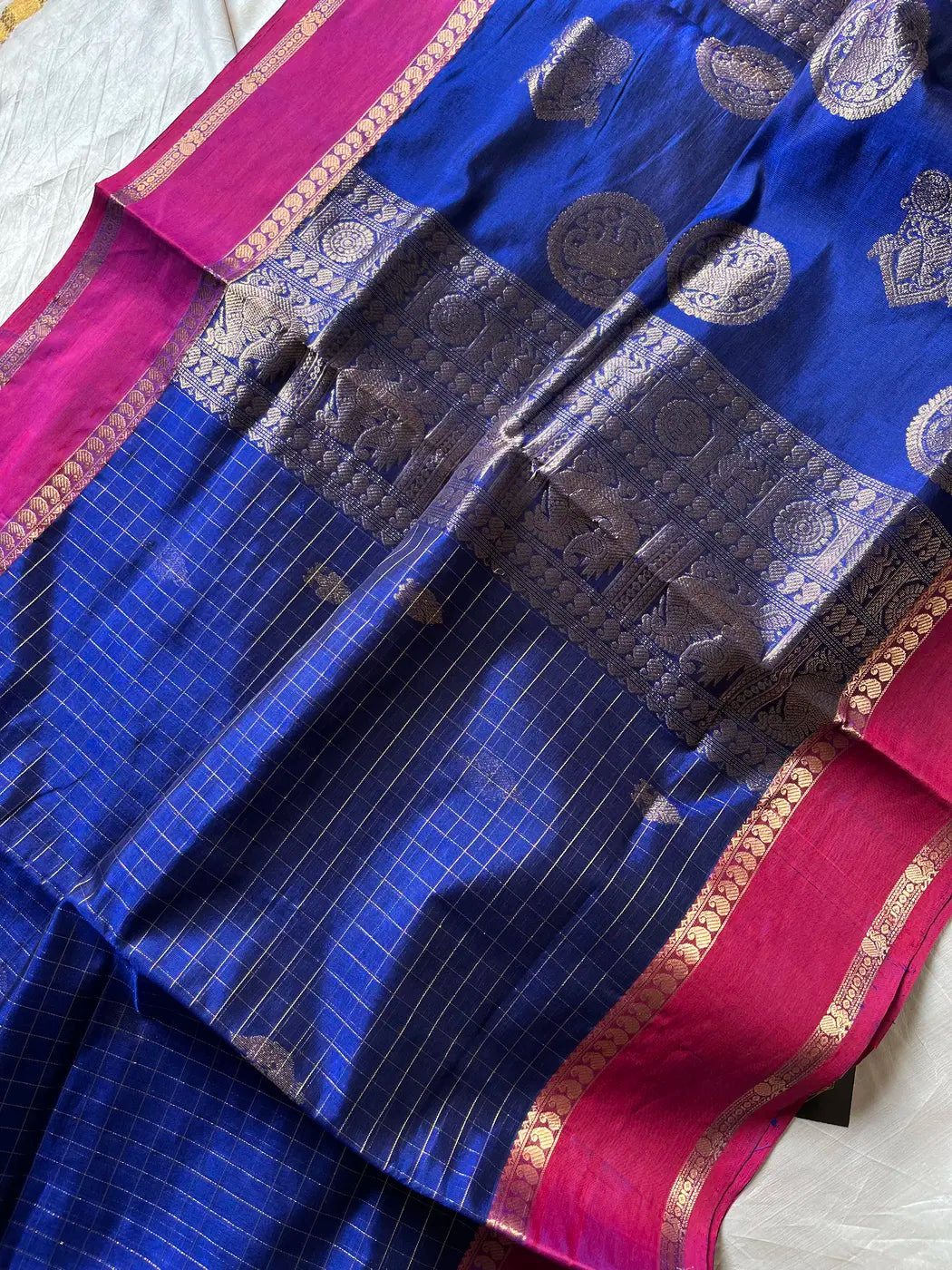 Pure Handloom Kanchi Silkcotton – Blue Checks