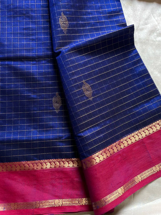Pure Handloom Kanchi Silkcotton – Blue Checks