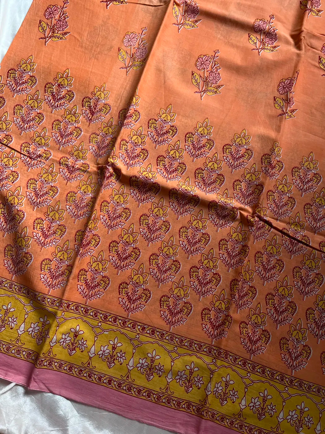 Mulmul Cotton Saree in Orange– Hand Block Printed | House of Thansha