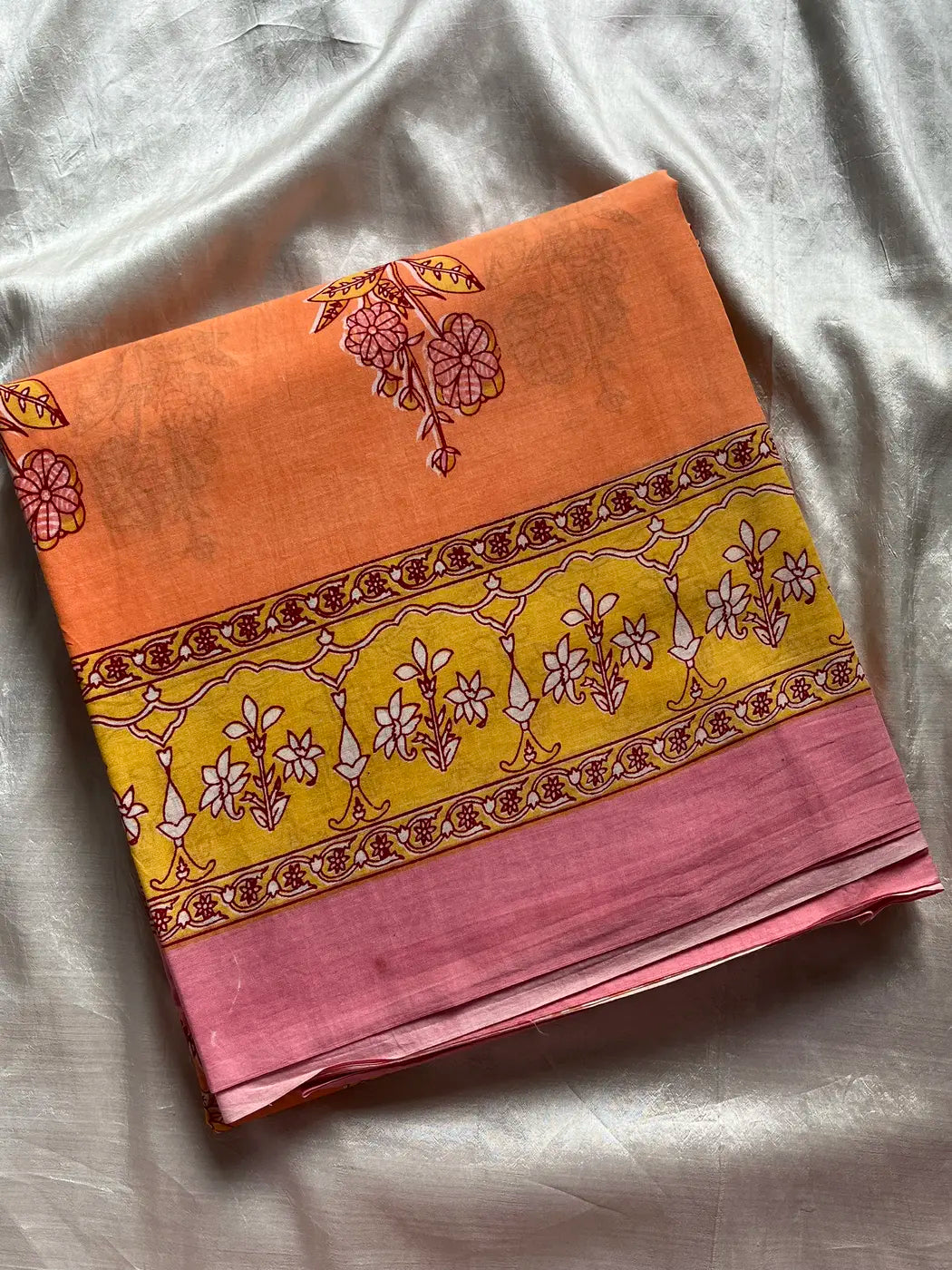 Mulmul Cotton Saree in Orange– Hand Block Printed | House of Thansha