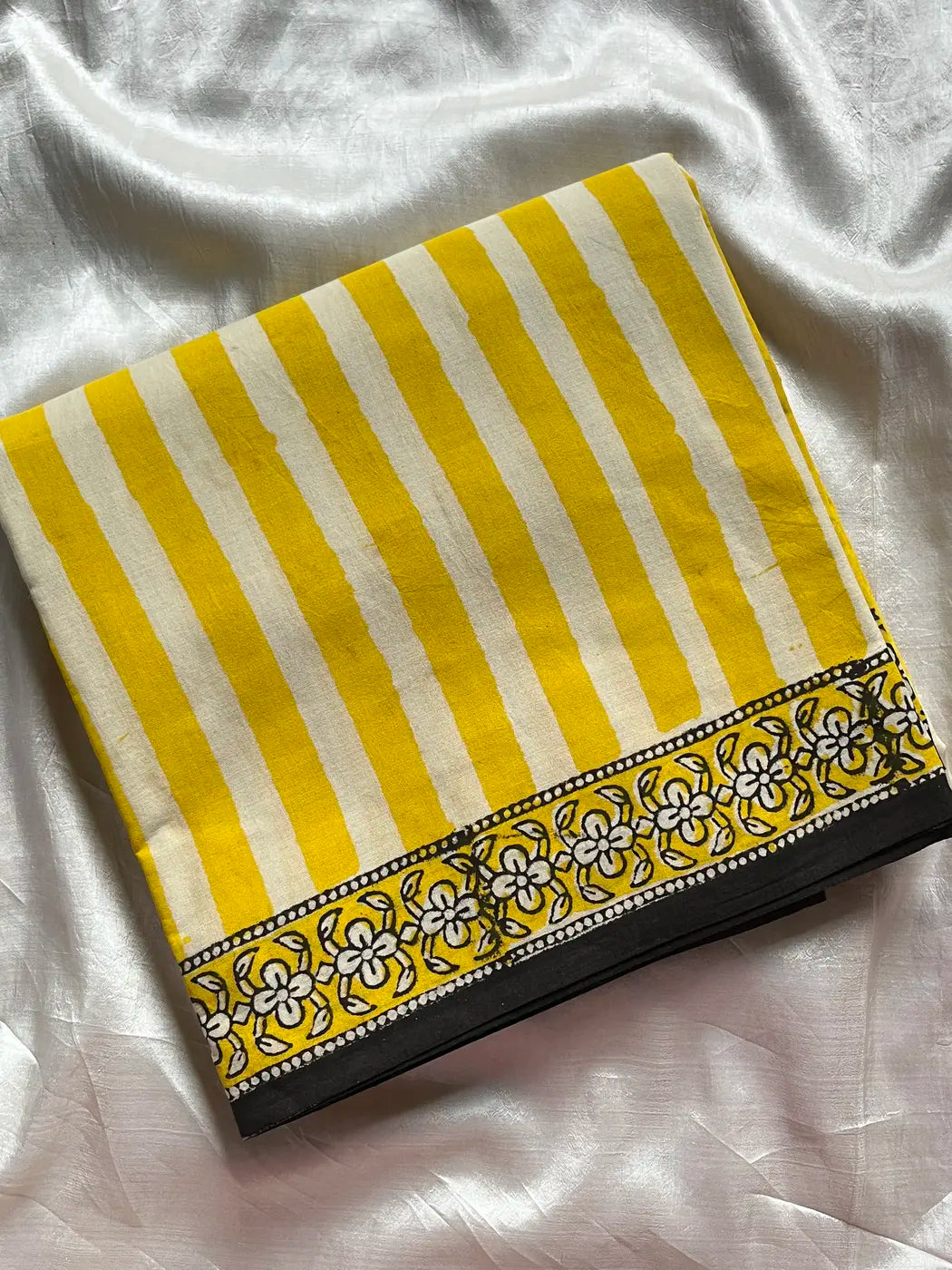 Mulmul Cotton Saree in Yellow – Hand Block Printed | House of Thansha