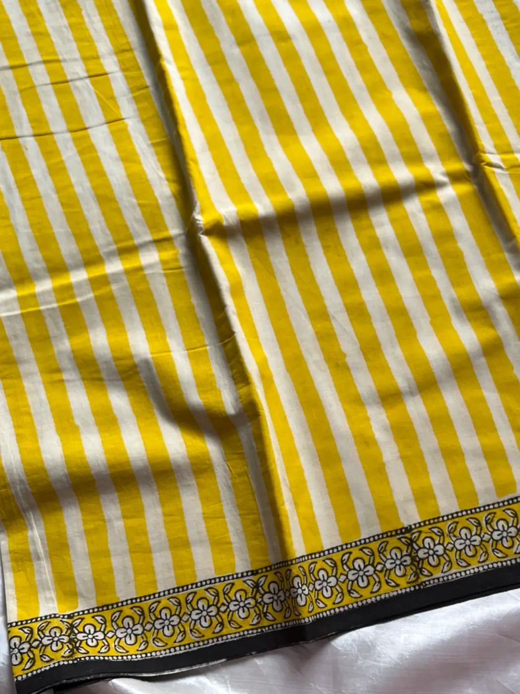 Mulmul Cotton Saree in Yellow – Hand Block Printed | House of Thansha