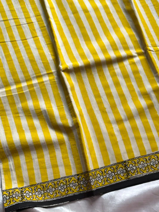 Mulmul Cotton Saree in Yellow – Hand Block Printed | House of Thansha