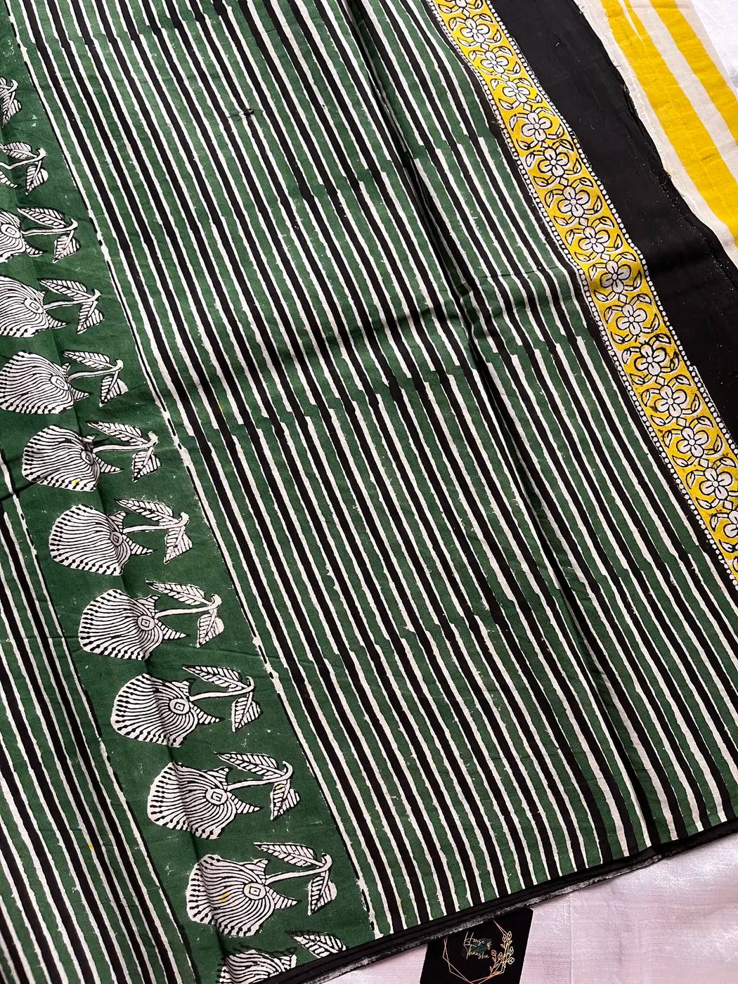 Mulmul Cotton Saree in Yellow – Hand Block Printed | House of Thansha