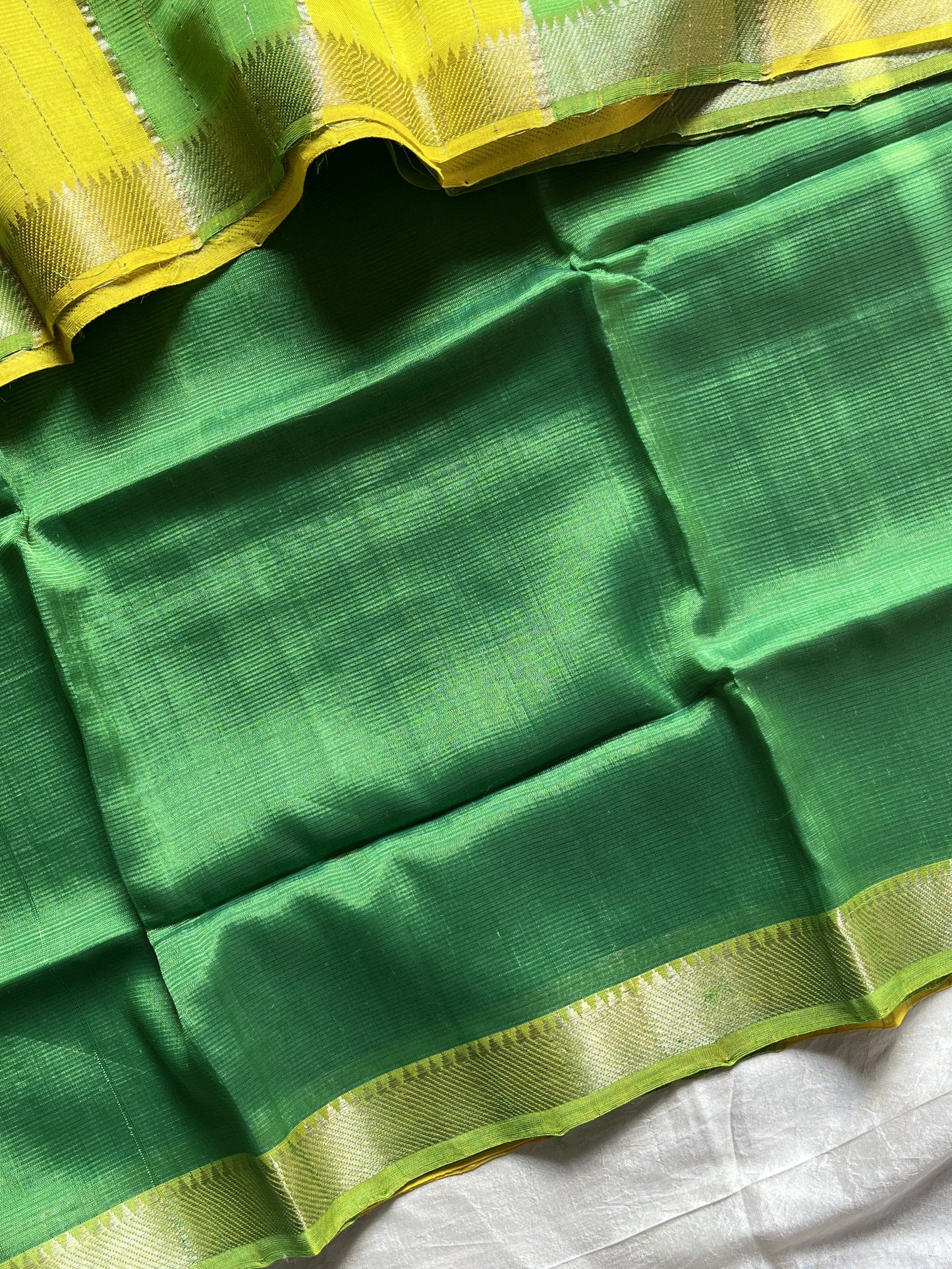 Bright green Mangalagiri silk cotton saree with yellow Nizam border – Ilai – House of Thansha