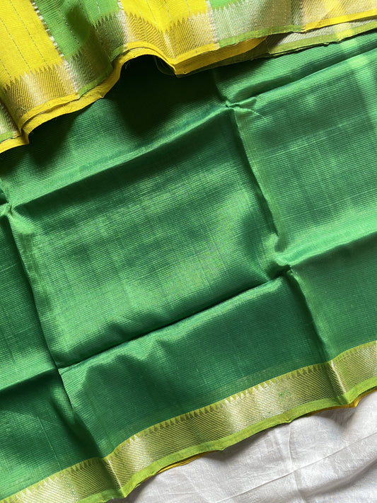 Bright green Mangalagiri silk cotton saree with yellow Nizam border – Ilai – House of Thansha