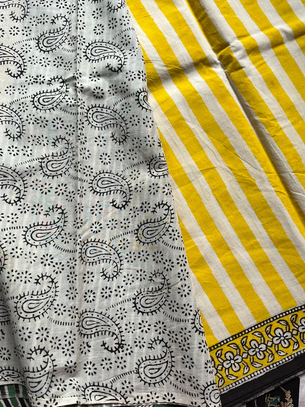 Mulmul Cotton Saree in Yellow – Hand Block Printed | House of Thansha