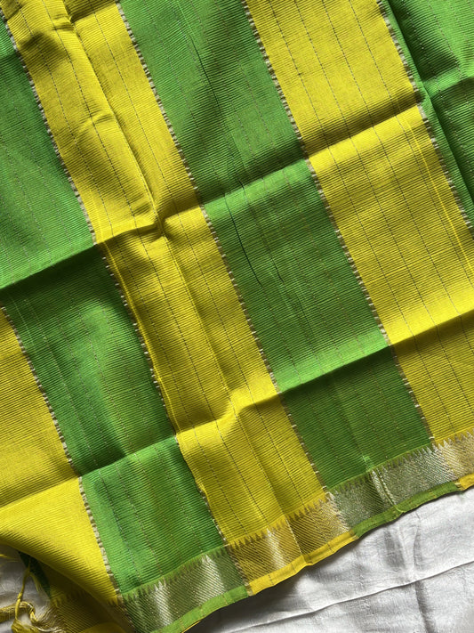 Bright green Mangalagiri silk cotton saree with yellow Nizam border – Ilai – House of Thansha