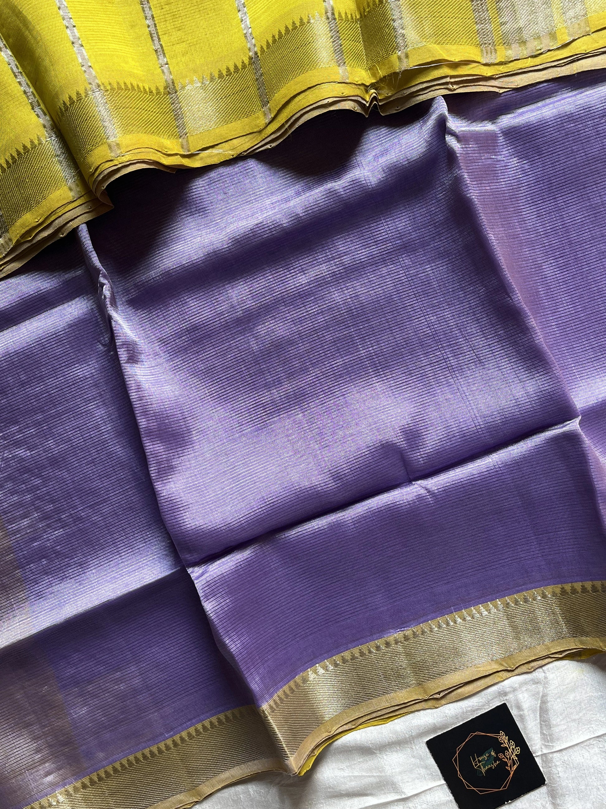 Lavender Mangalagiri silk cotton saree with lemon yellow Nizam border – Lavender Dust – House of Thansha