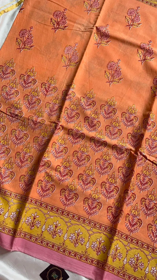 Mulmul Cotton Saree in Orange– Hand Block Printed | House of Thansha
