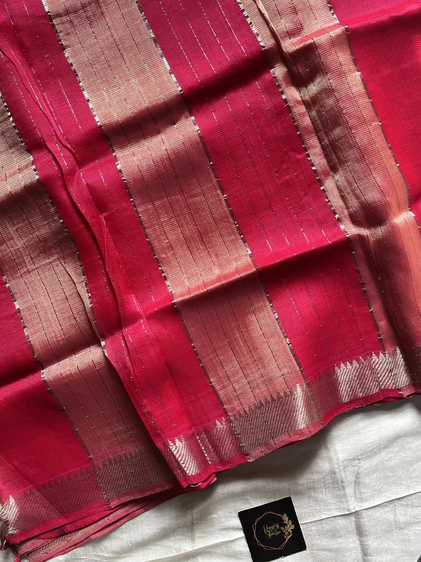Quiet Blush – Cream Mangalagiri silk cotton saree with Rani Pink Nizam border | House of Thansha