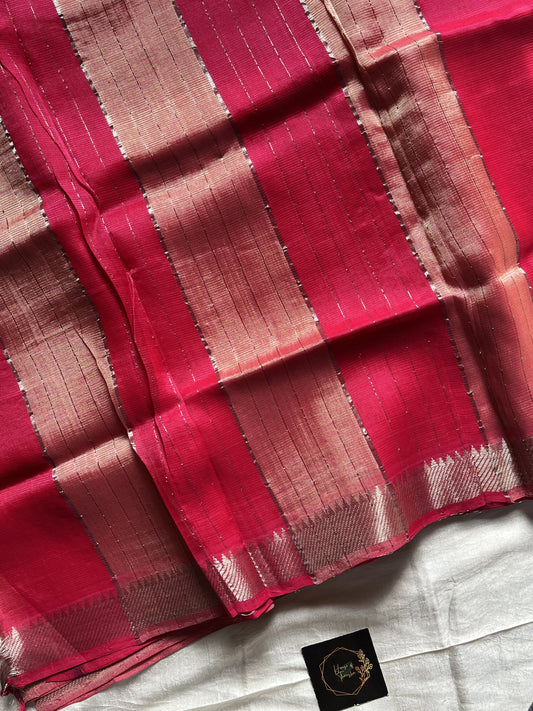 Quiet Blush – Cream Mangalagiri silk cotton saree with Rani Pink Nizam border | House of Thansha