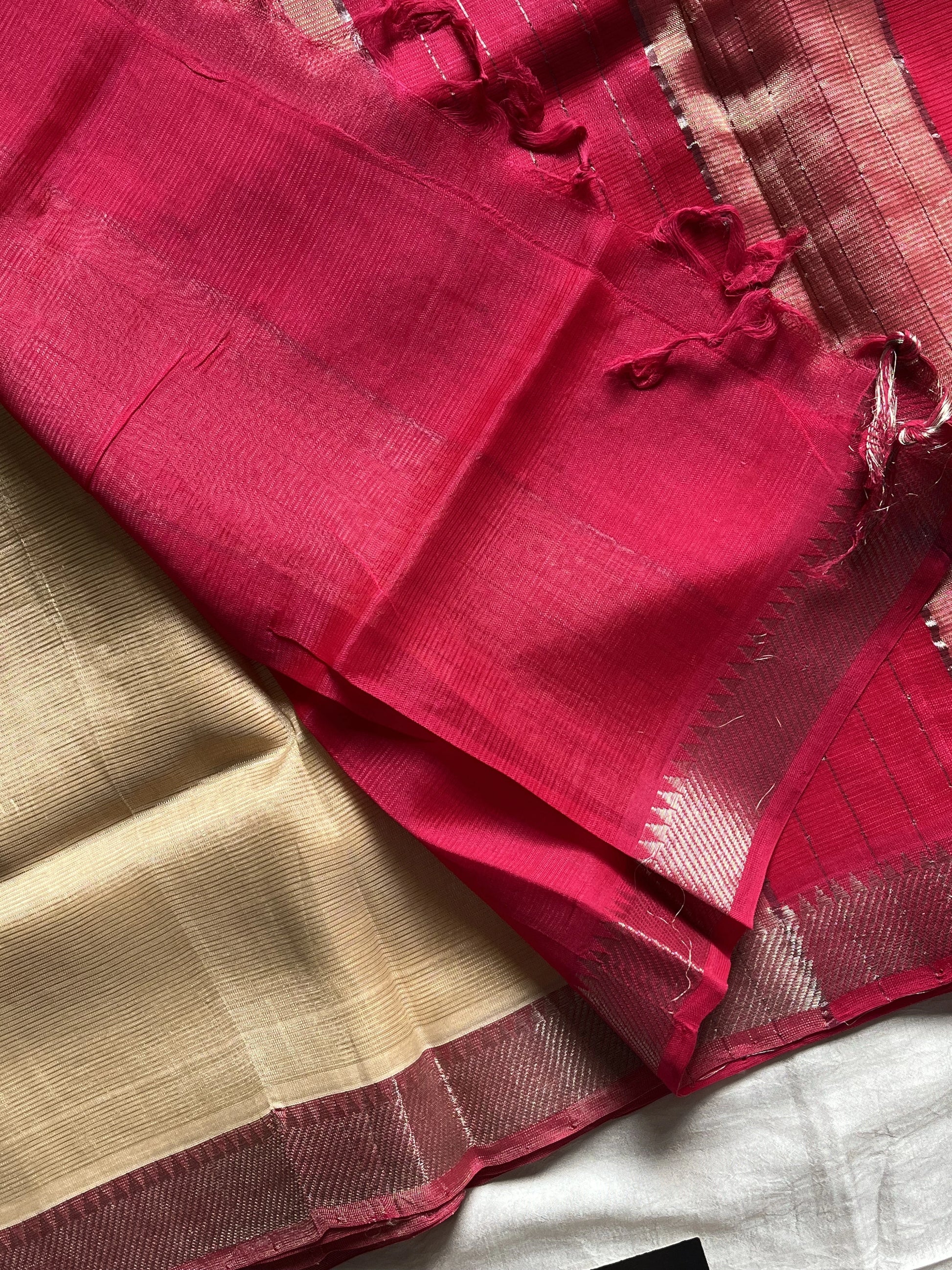 Quiet Blush – Cream Mangalagiri silk cotton saree with Rani Pink Nizam border | House of Thansha