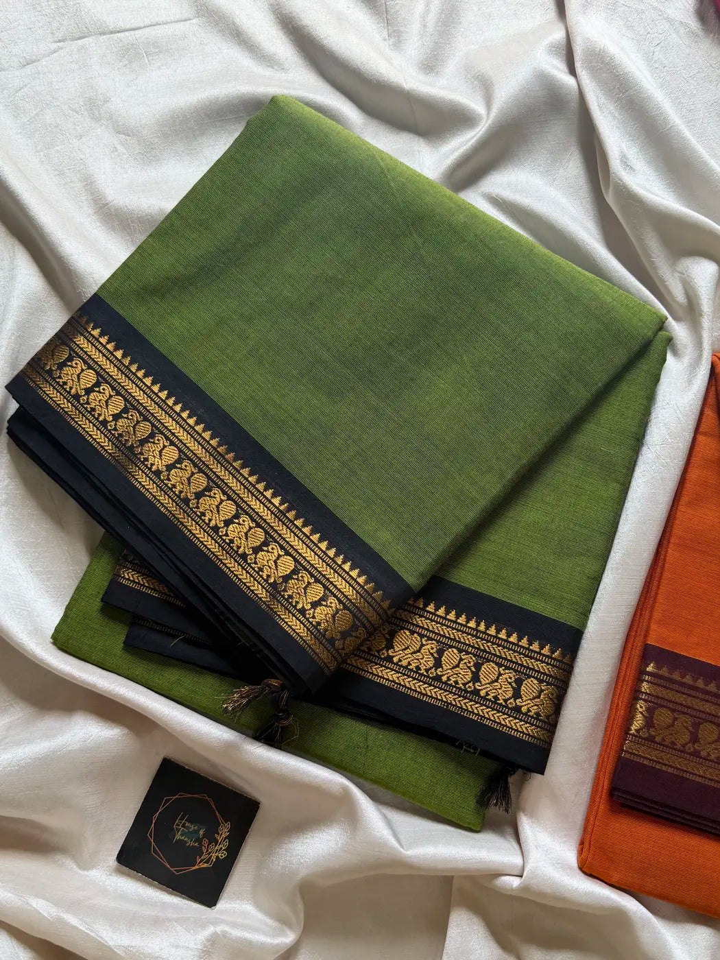 Minimal Border Edit - Green & Black Kanchi Cotton Saree