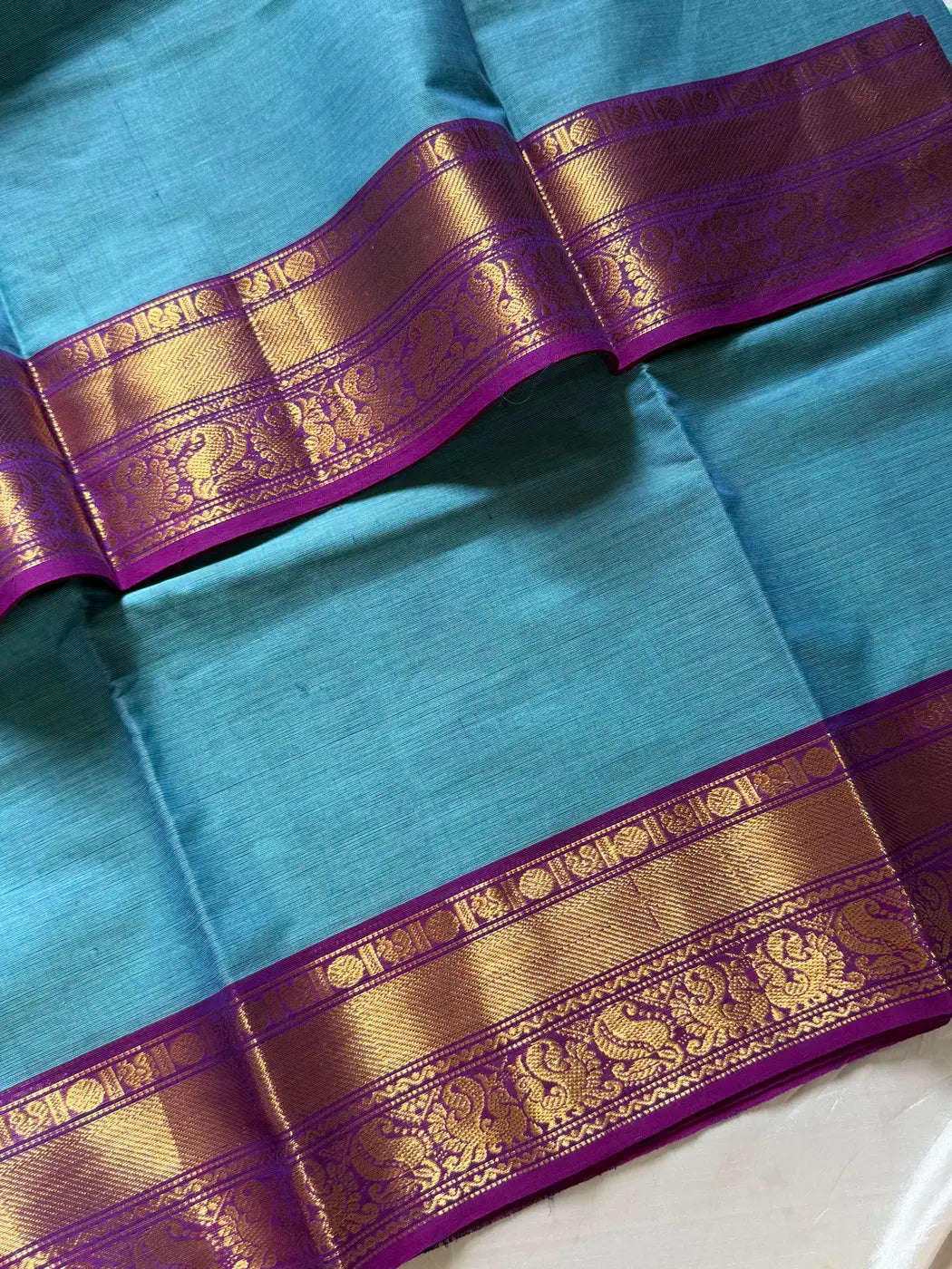 Subtle Weaves | SkyBlue & Purple Kanchi Cotton Saree