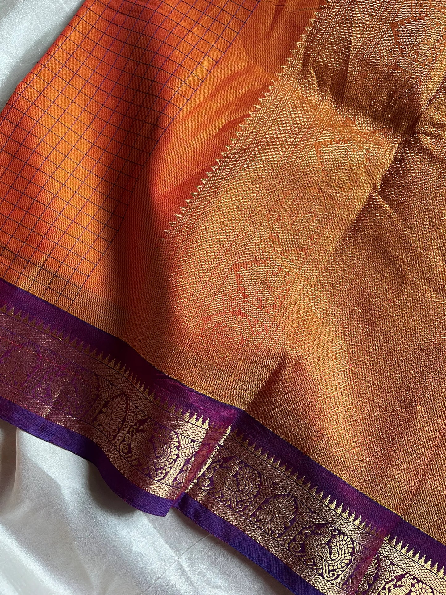 Throne Edit Sunset Orange & Purple Checks 120-Count Kanchi Cotton Saree by House of Thansha