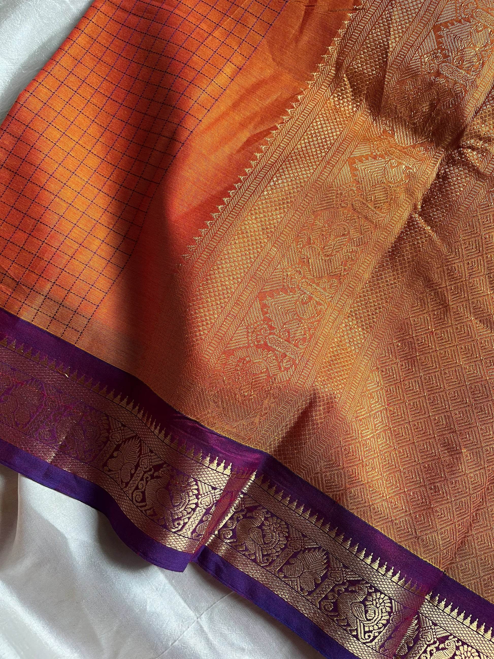 Throne Edit Sunset Orange & Purple Checks 120-Count Kanchi Cotton Saree by House of Thansha