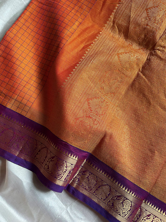 Throne Edit Sunset Orange & Purple Checks 120-Count Kanchi Cotton Saree by House of Thansha