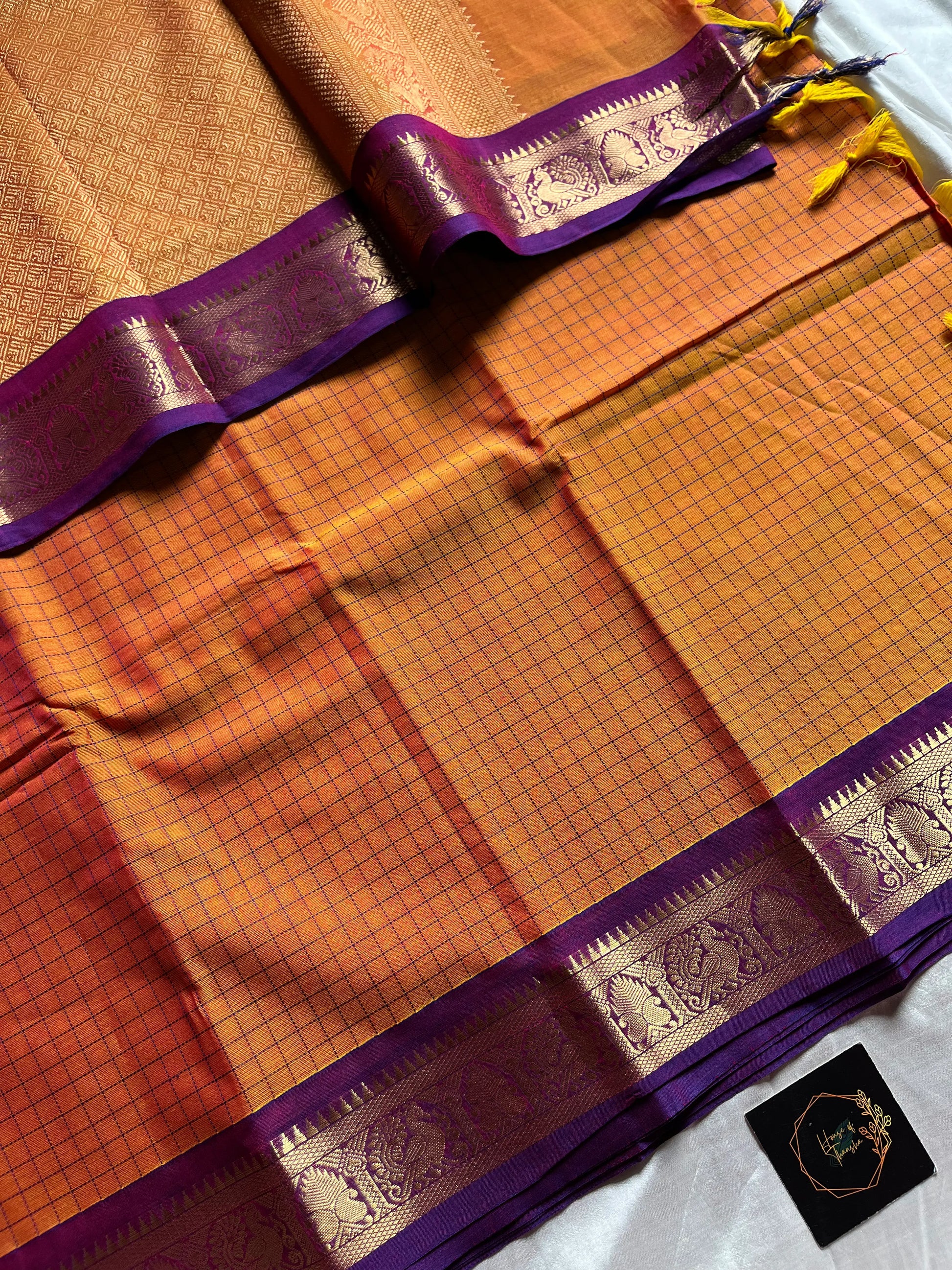 Throne Edit Sunset Orange & Purple Checks 120-Count Kanchi Cotton Saree by House of Thansha