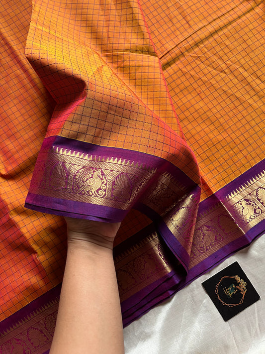 Throne Edit Sunset Orange & Purple Checks 120-Count Kanchi Cotton Saree by House of Thansha