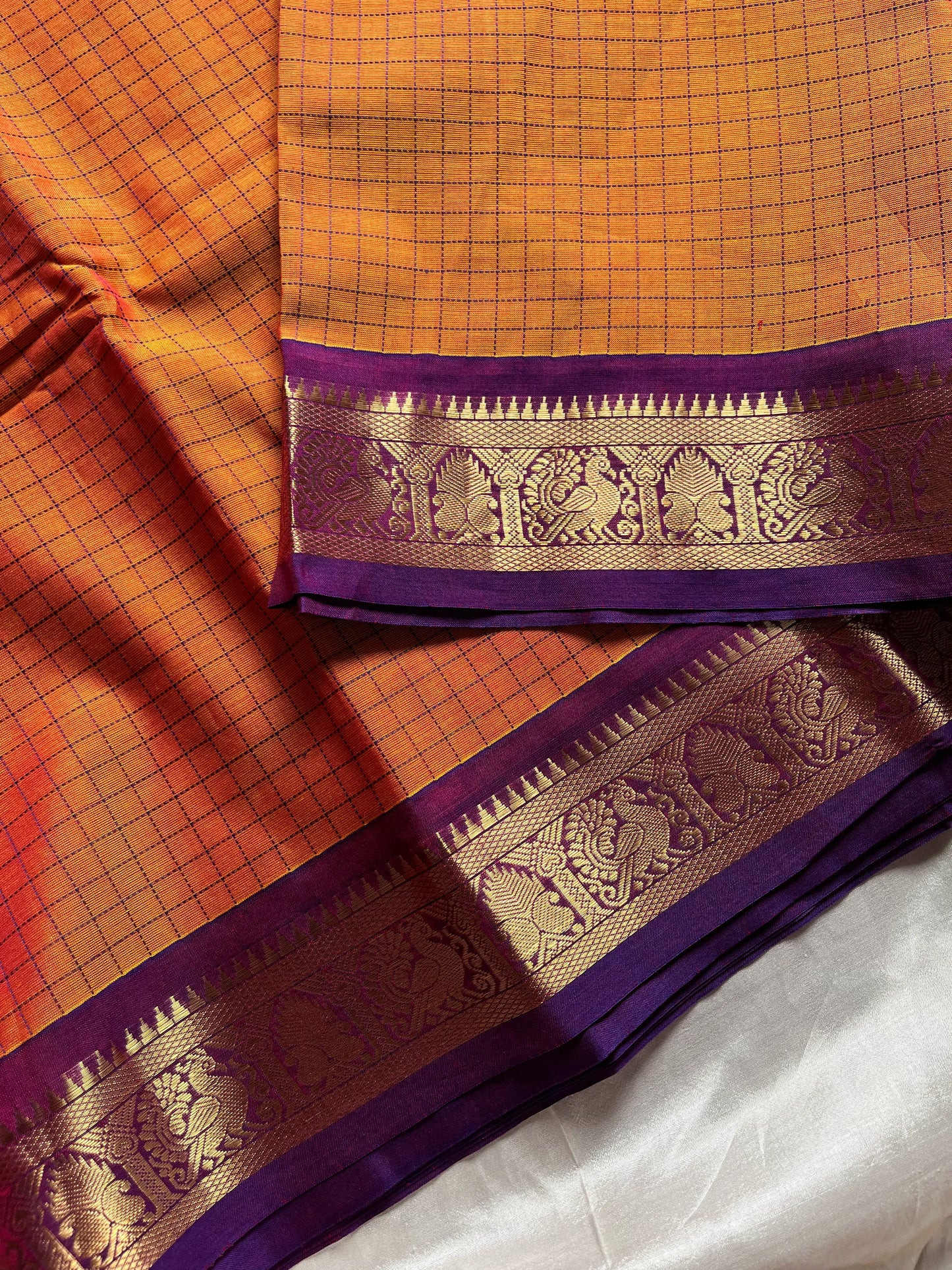 Throne Edit Sunset Orange & Purple Checks 120-Count Kanchi Cotton Saree by House of Thansha
