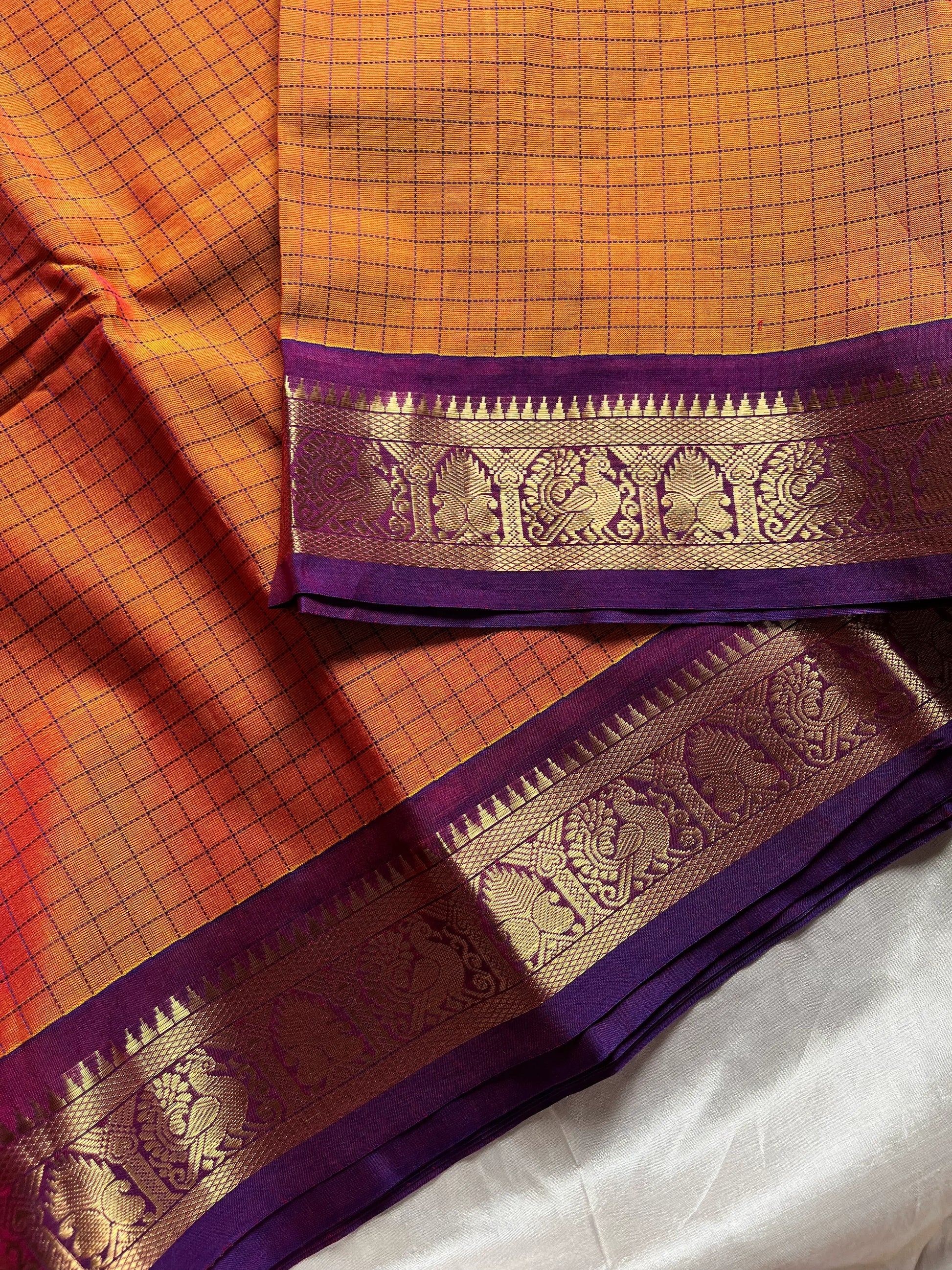 Throne Edit Sunset Orange & Purple Checks 120-Count Kanchi Cotton Saree by House of Thansha