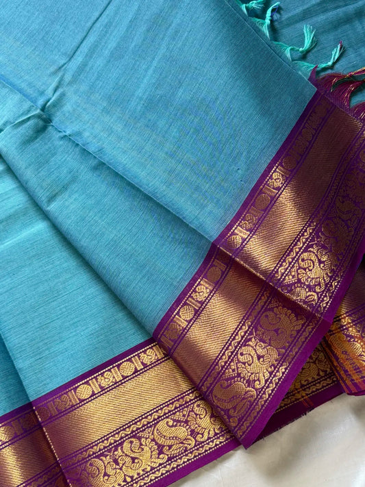 Subtle Weaves | SkyBlue & Purple Kanchi Cotton Saree