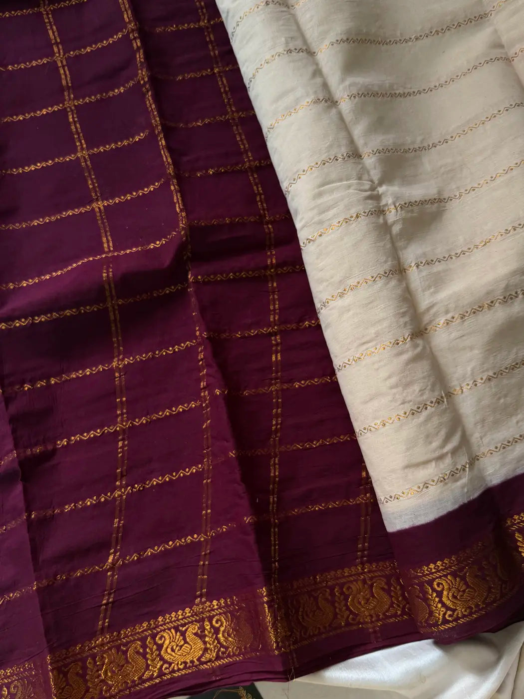 Sungudi Cotton Saree - Cream white