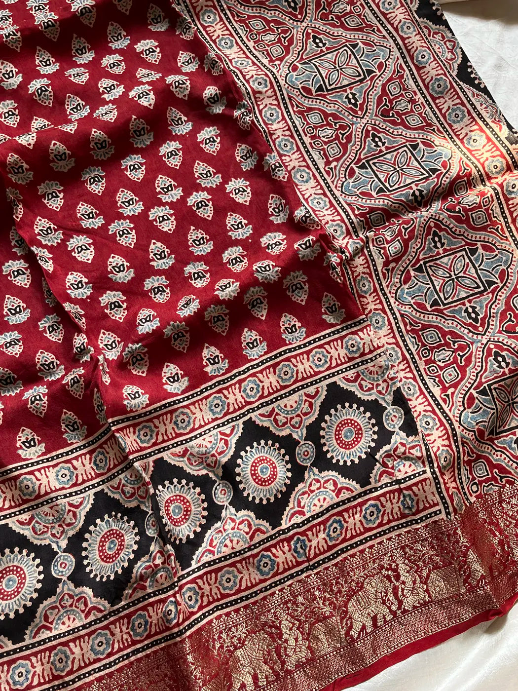 Dola Silk Saree - Maroon | Hand Blocked Ajrakh
