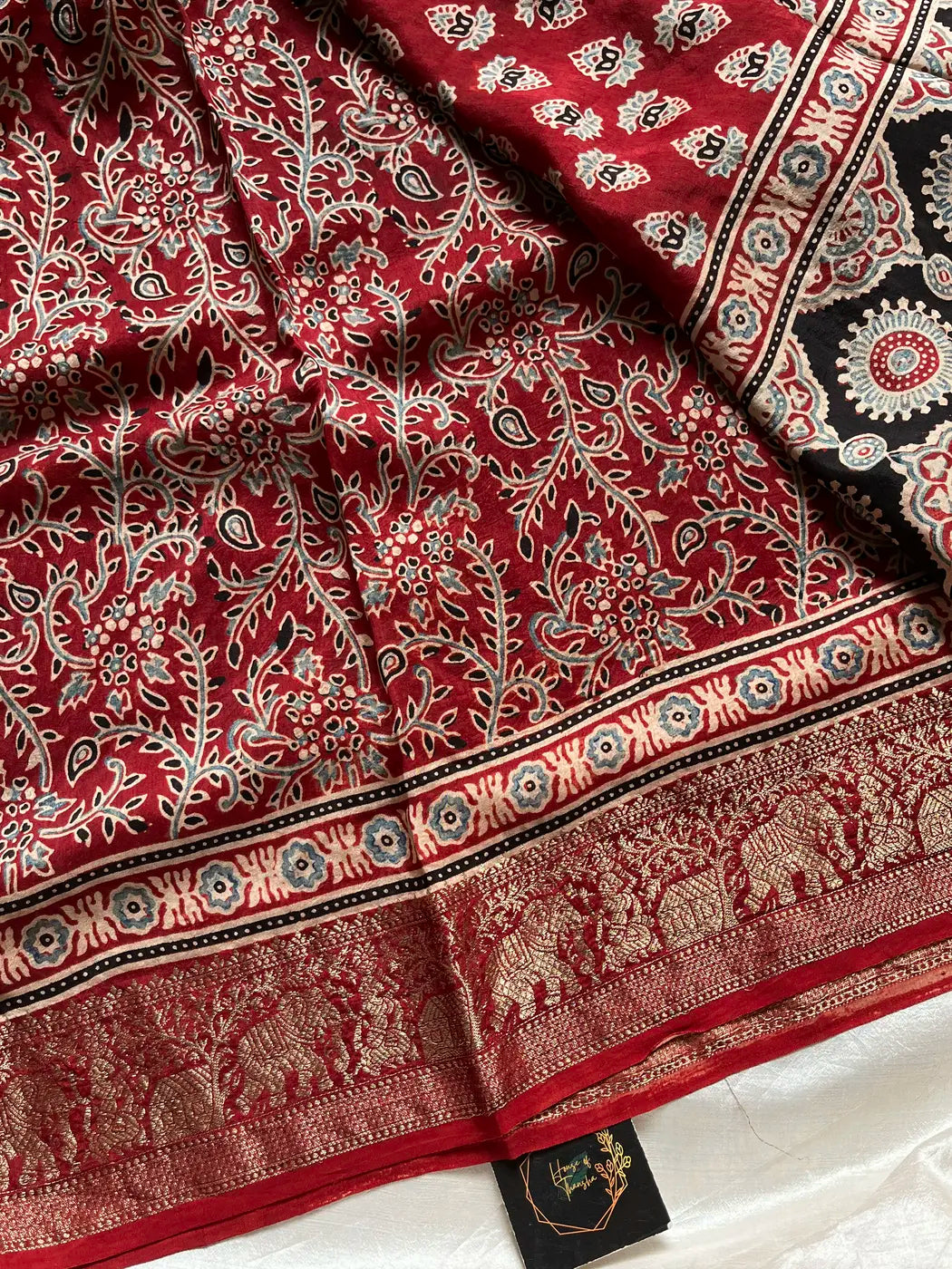 Dola Silk Saree - Maroon | Hand Blocked Ajrakh