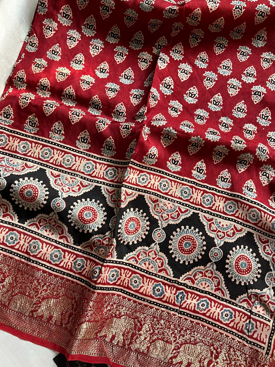Dola Silk Saree - Maroon | Hand Blocked Ajrakh