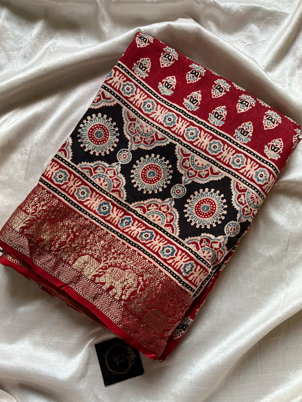 Dola Silk Saree - Maroon | Hand Blocked Ajrakh