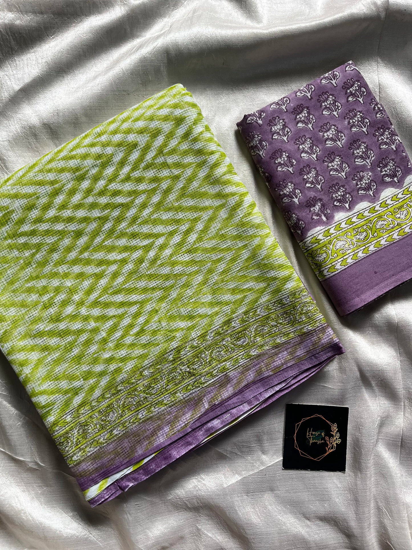 Light green Kota Doria saree with purple contrast and mulmul blouse – House of Thansha