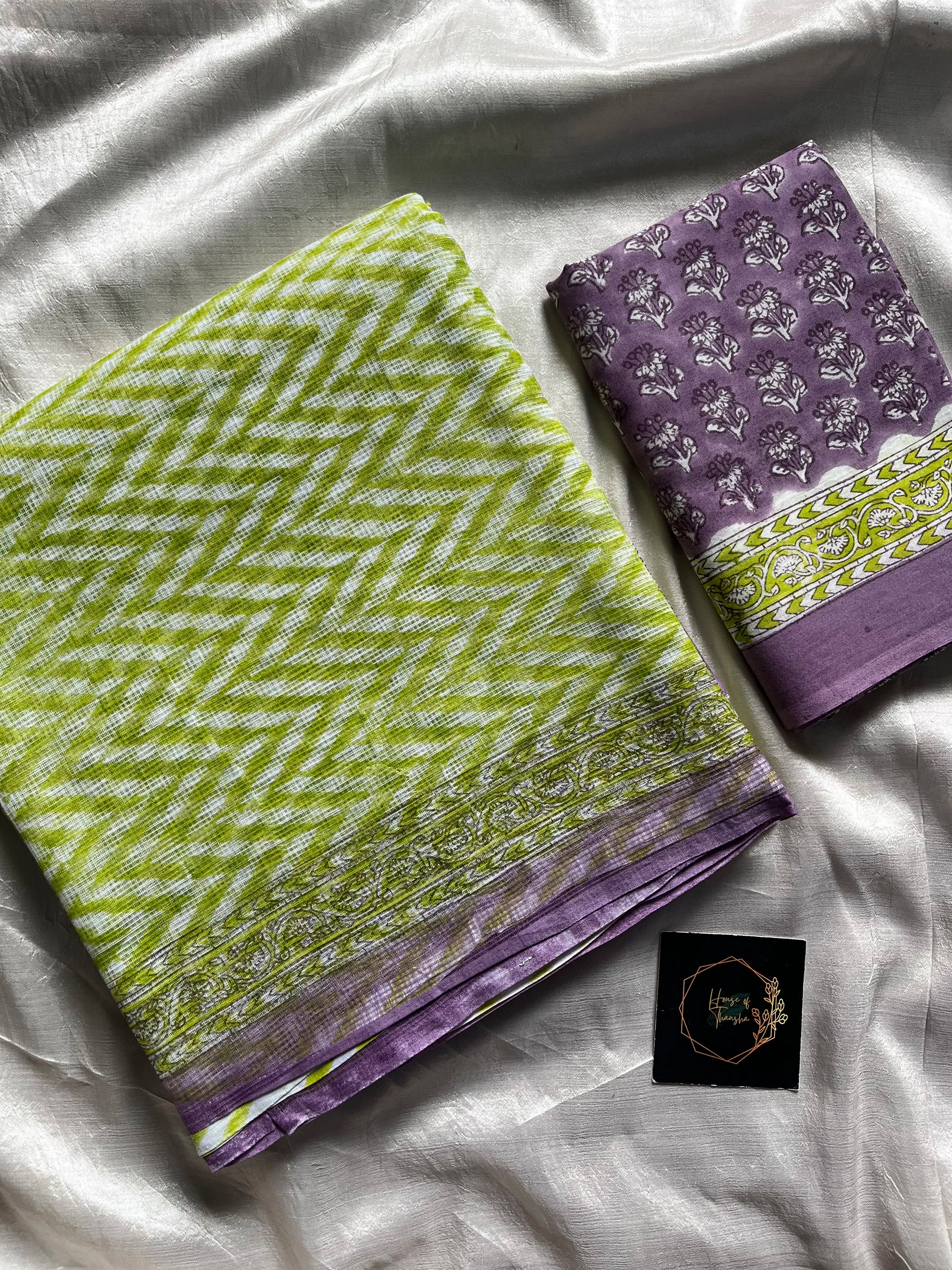 Light green Kota Doria saree with purple contrast and mulmul blouse – House of Thansha