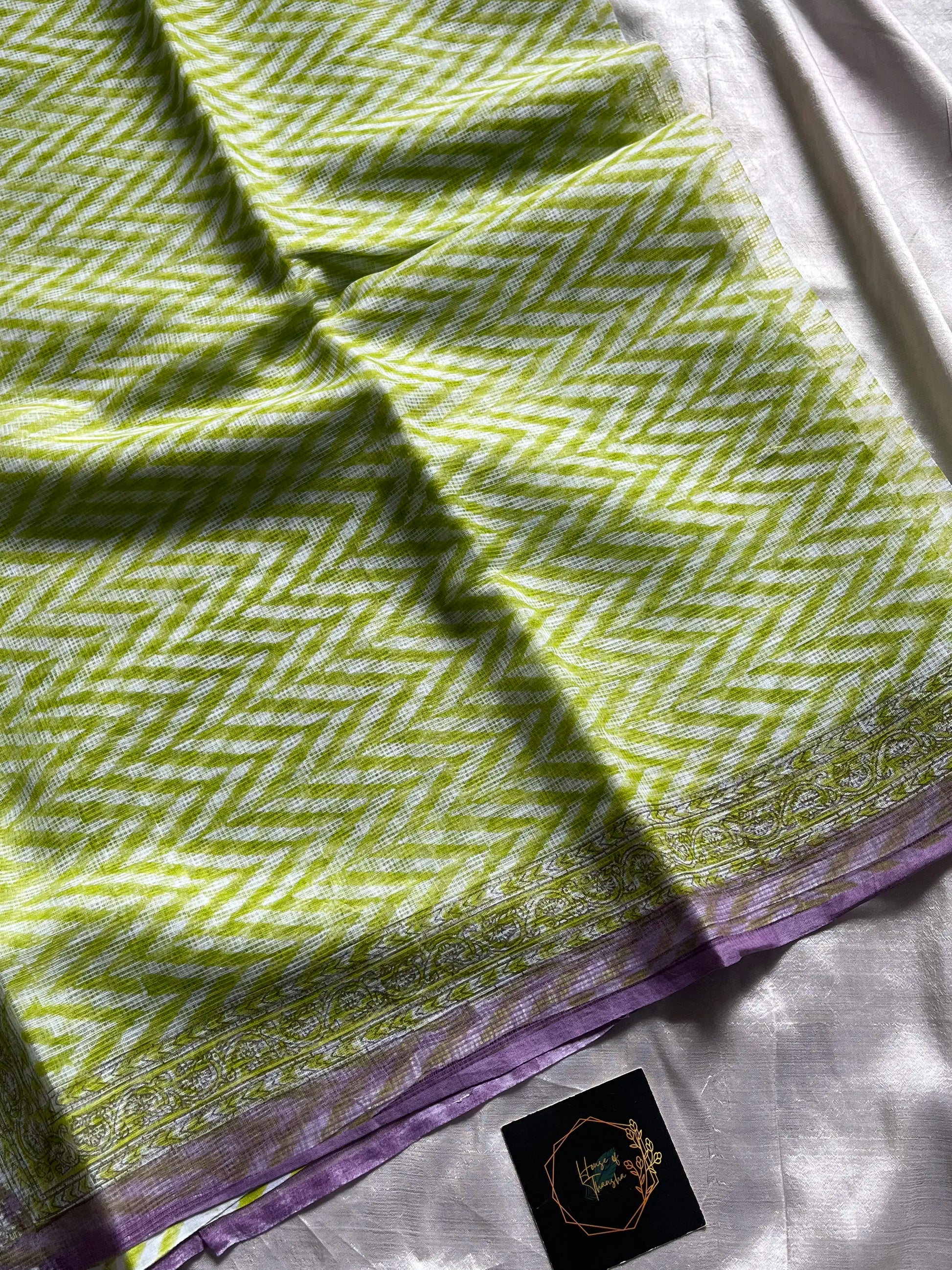 Light green Kota Doria saree with purple contrast and mulmul blouse – House of Thansha