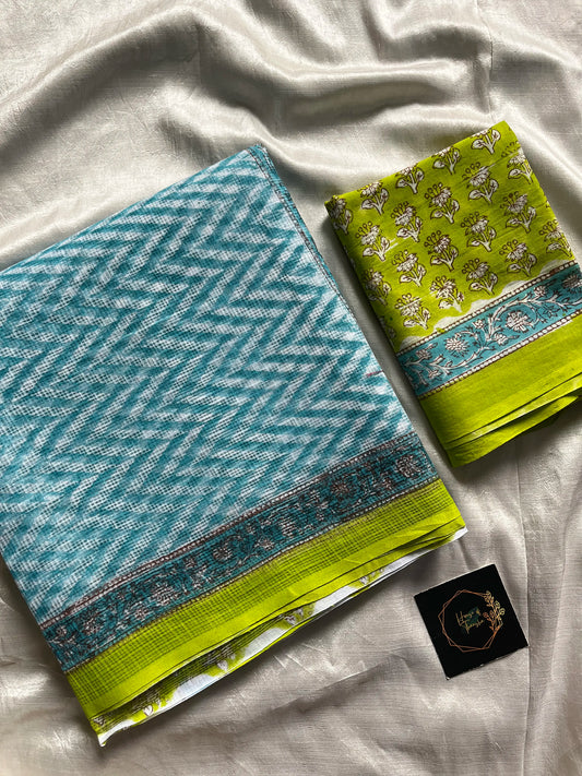 Blue Kota Doria saree with green contrast and mulmul blouse – House of Thansha