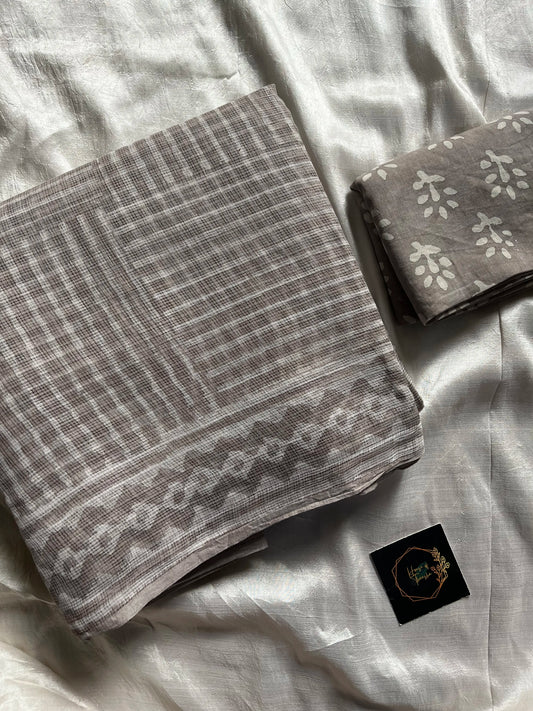 Ash grey Kota Doria saree with 1-meter mulmul cotton blouse – House of Thansha