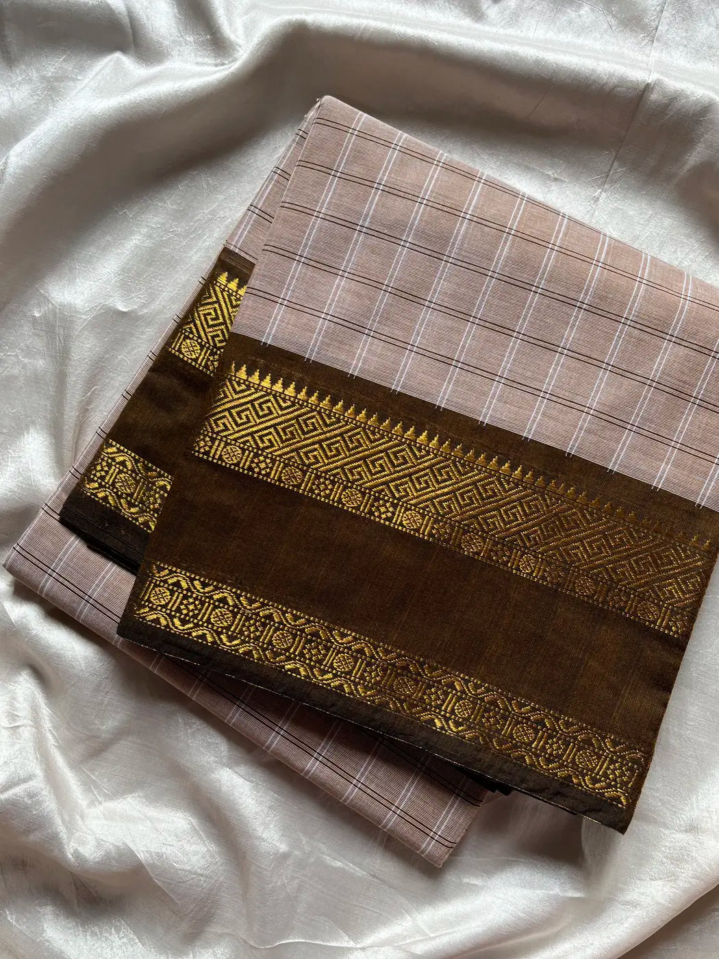 Kattam Edit – Soft Taupe Beige Checked Chettinadu Cotton Saree
