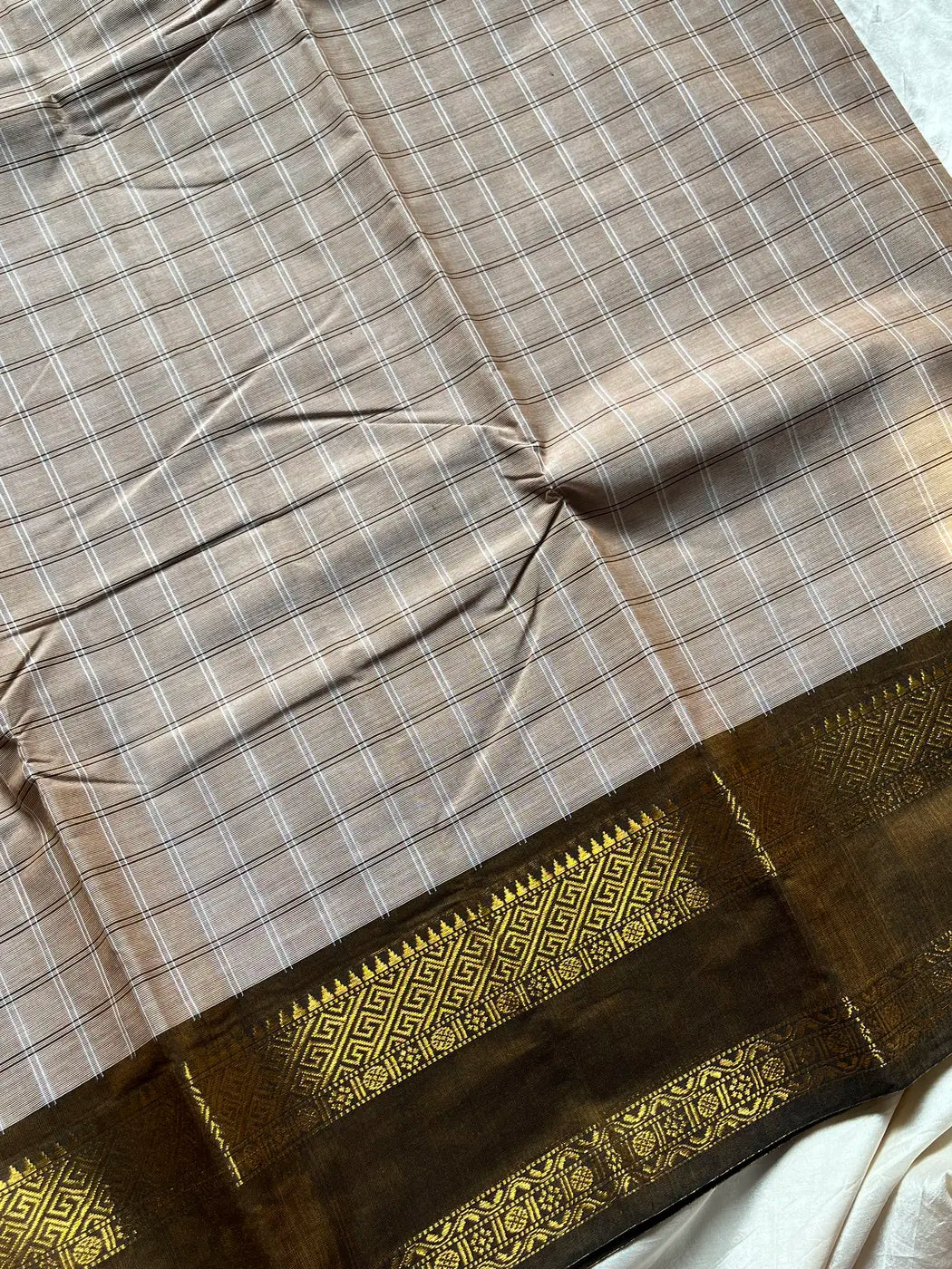 Kattam Edit – Soft Taupe Beige Checked Chettinadu Cotton Saree