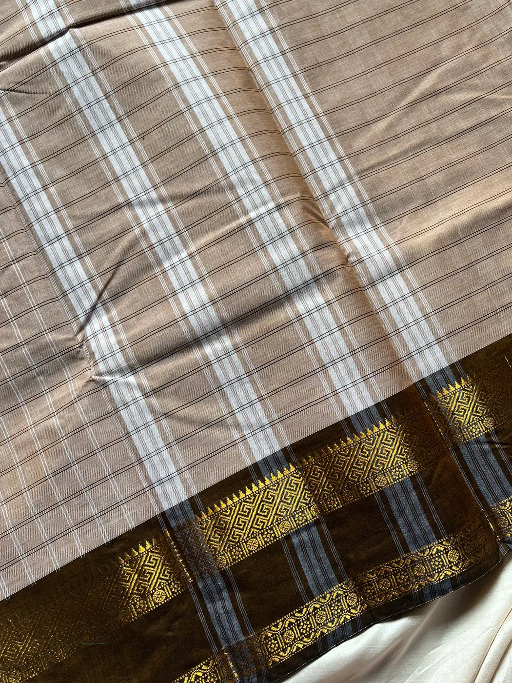 Kattam Edit – Soft Taupe Beige Checked Chettinadu Cotton Saree