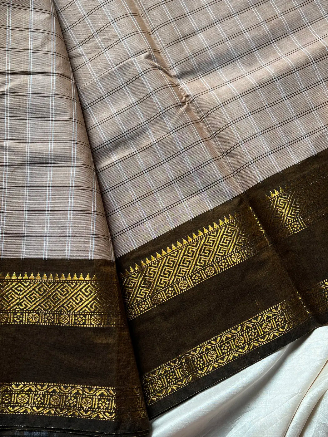 Kattam Edit – Soft Taupe Beige Checked Chettinadu Cotton Saree
