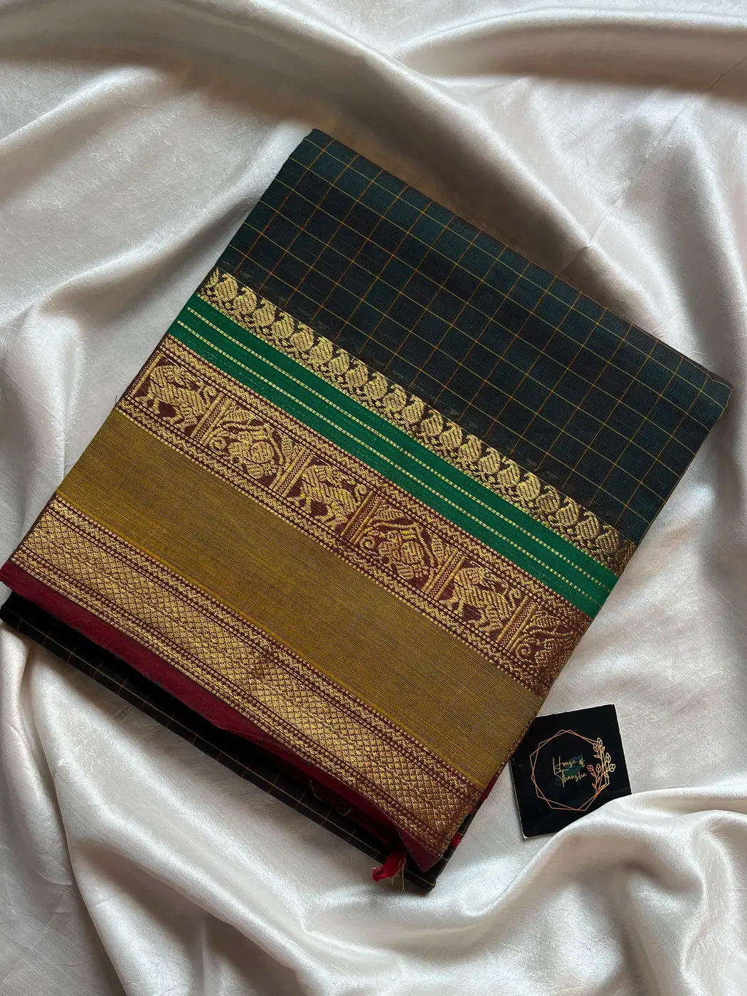 Kattam Edit – Bottle Green Checked Chettinadu Cotton Saree