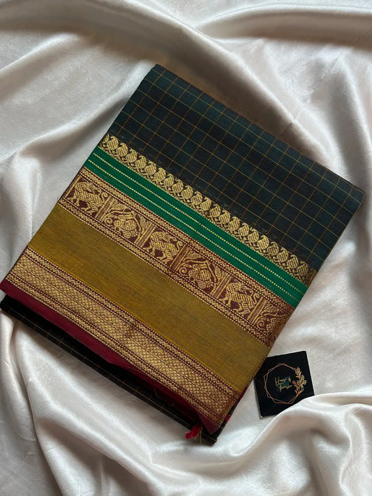 Kattam Edit – Bottle Green Checked Chettinadu Cotton Saree