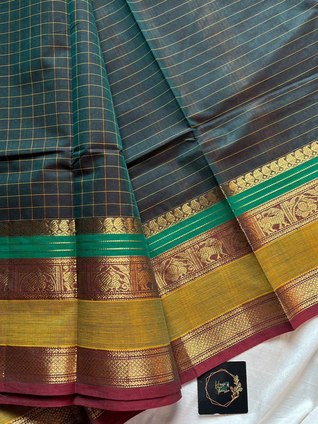 Kattam Edit – Bottle Green Checked Chettinadu Cotton Saree