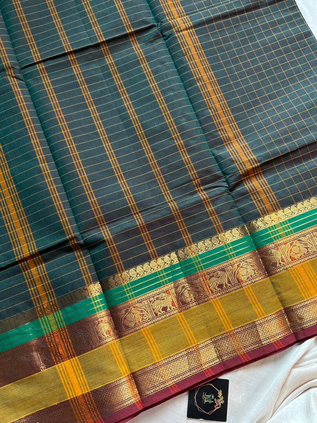 Kattam Edit – Bottle Green Checked Chettinadu Cotton Saree