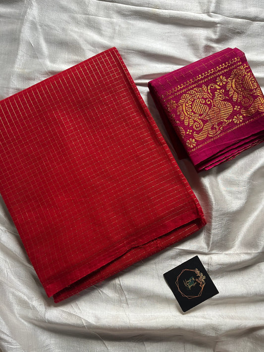 Zari Checks – Red Kanchi Cotton Saree with Contrast Blouse