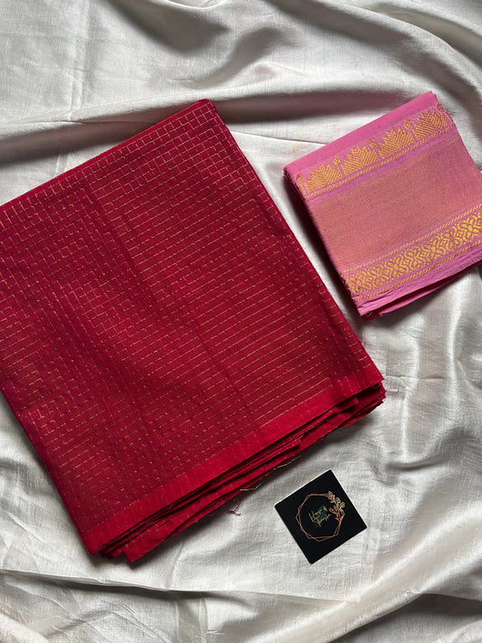 Zari Checks – Pink Kanchi Cotton Saree with Contrast Blouse