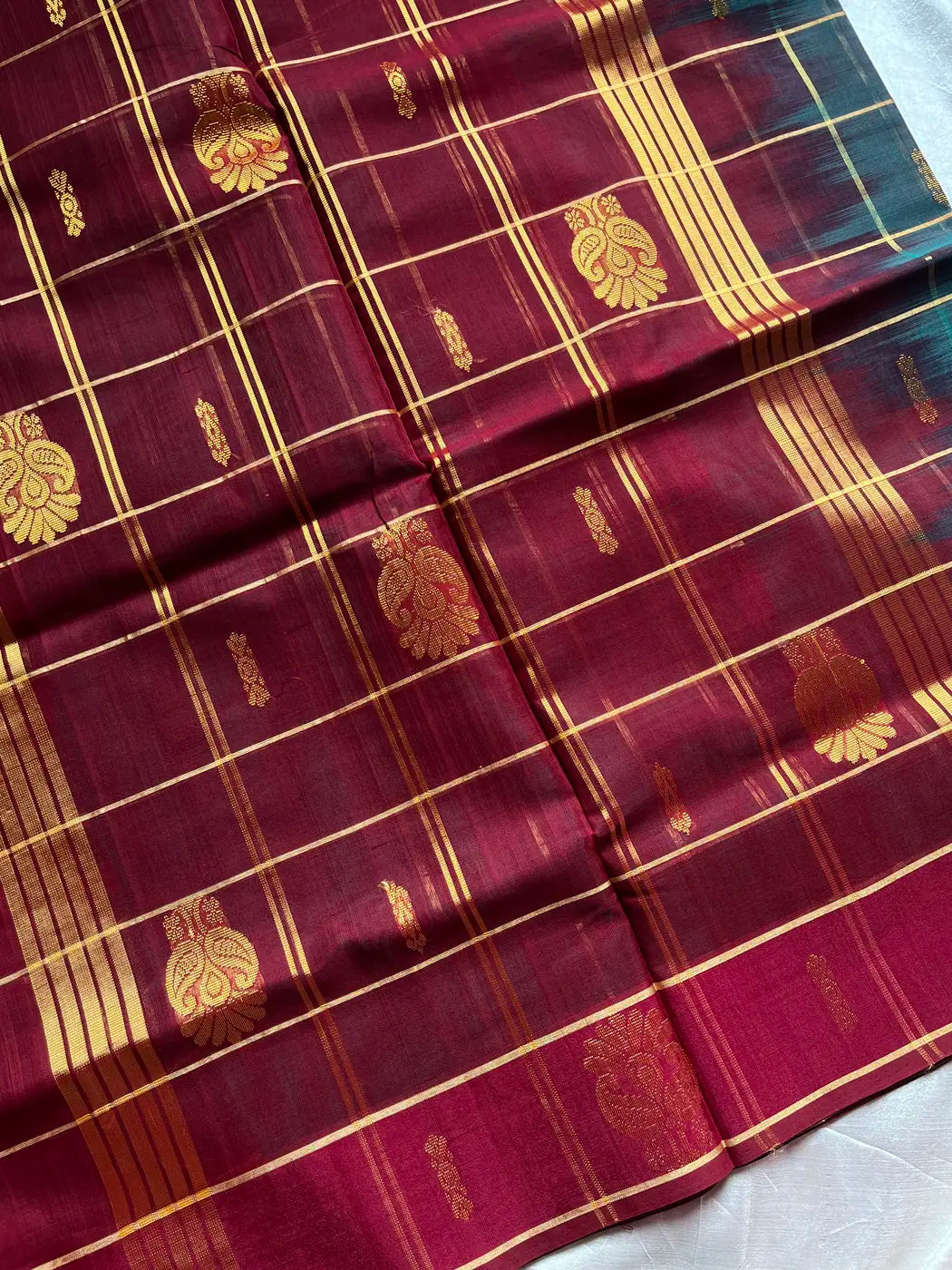 Vegan Weaves – Peacock Green Checked Handloom Art Silk Saree