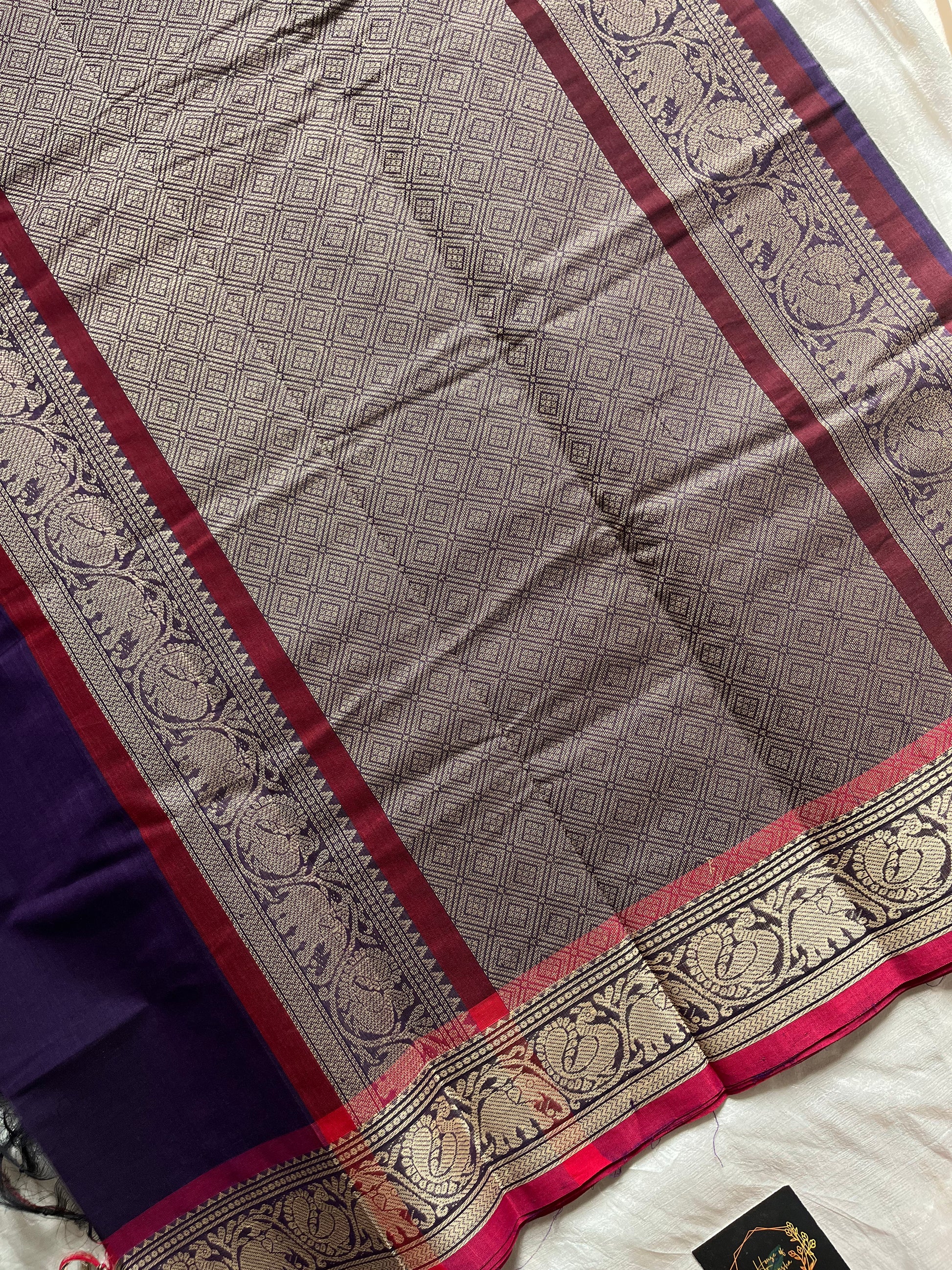 Dusky Petal – Pure Kanchi cotton saree in violet with pink thread-woven border and motifs, by House of Thansha.